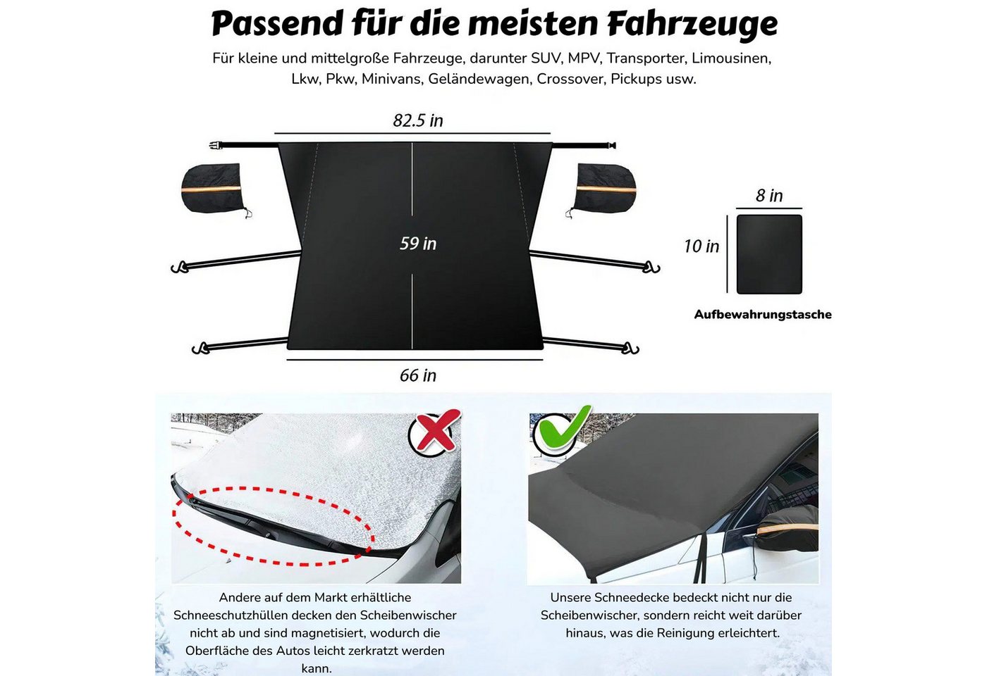 BlingBin Autosonnenschutz 205x150 cm Frontscheibenabdeckung mit 2 Seitenspiegelabdeckung, 205 x 150 cm, (2er Set, 2-St., Autoplane mit starke helle reflektierende Streifen), Auto Windschutzscheibe Abdeckung für Auto, SUVS, UV-Strahlung