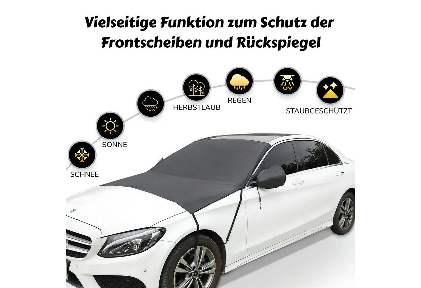 BlingBin Autosonnenschutz 205x150 cm Frontscheibenabdeckung mit 2 Seitenspiegelabdeckung, 205 x 150 cm, (2er Set, 2-St., Autoplane mit starke helle reflektierende Streifen), Auto Windschutzscheibe Abdeckung für Auto, SUVS, UV-Strahlung Bild 2