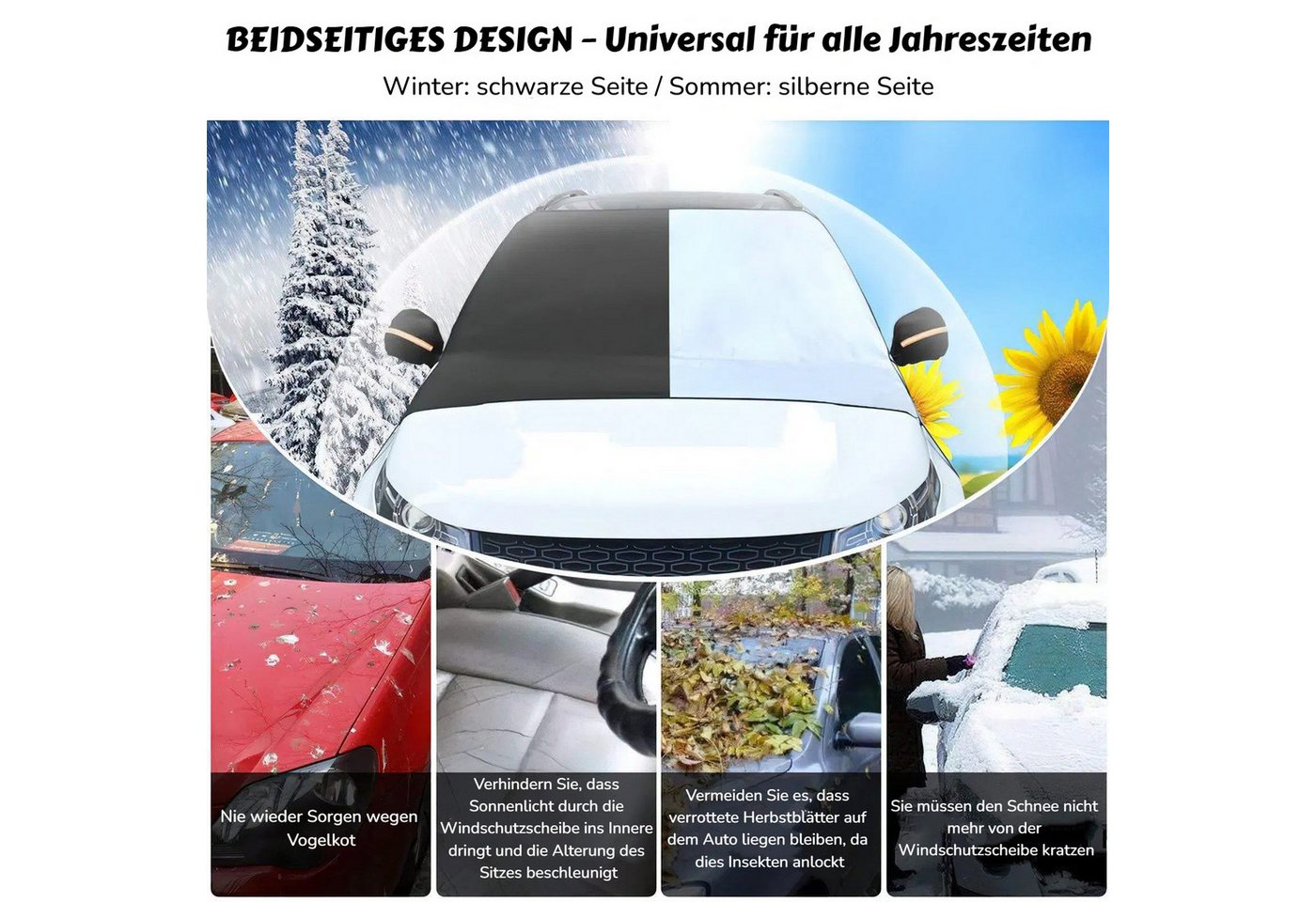 BlingBin Autosonnenschutz 205x150 cm Frontscheibenabdeckung mit 2 Seitenspiegelabdeckung, 205 x 150 cm, (2er Set, 2-St., Autoplane mit starke helle reflektierende Streifen), Auto Windschutzscheibe Abdeckung für Auto, SUVS, UV-Strahlung Bild 5