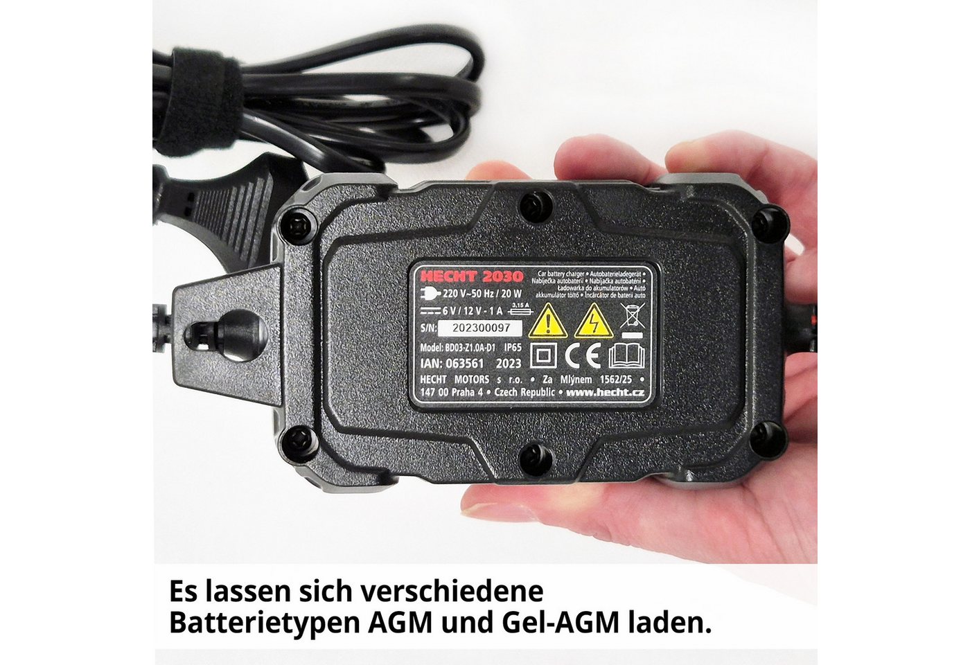 Hecht 2030 Erhaltungsladegerät 6V 12V 1A AGM GEL Blei IP65 2-30 Ah Batterie-Ladegerät (1000 mA, Vollautomatisch, Batteriepflege, Überwinterung, wetterfest)