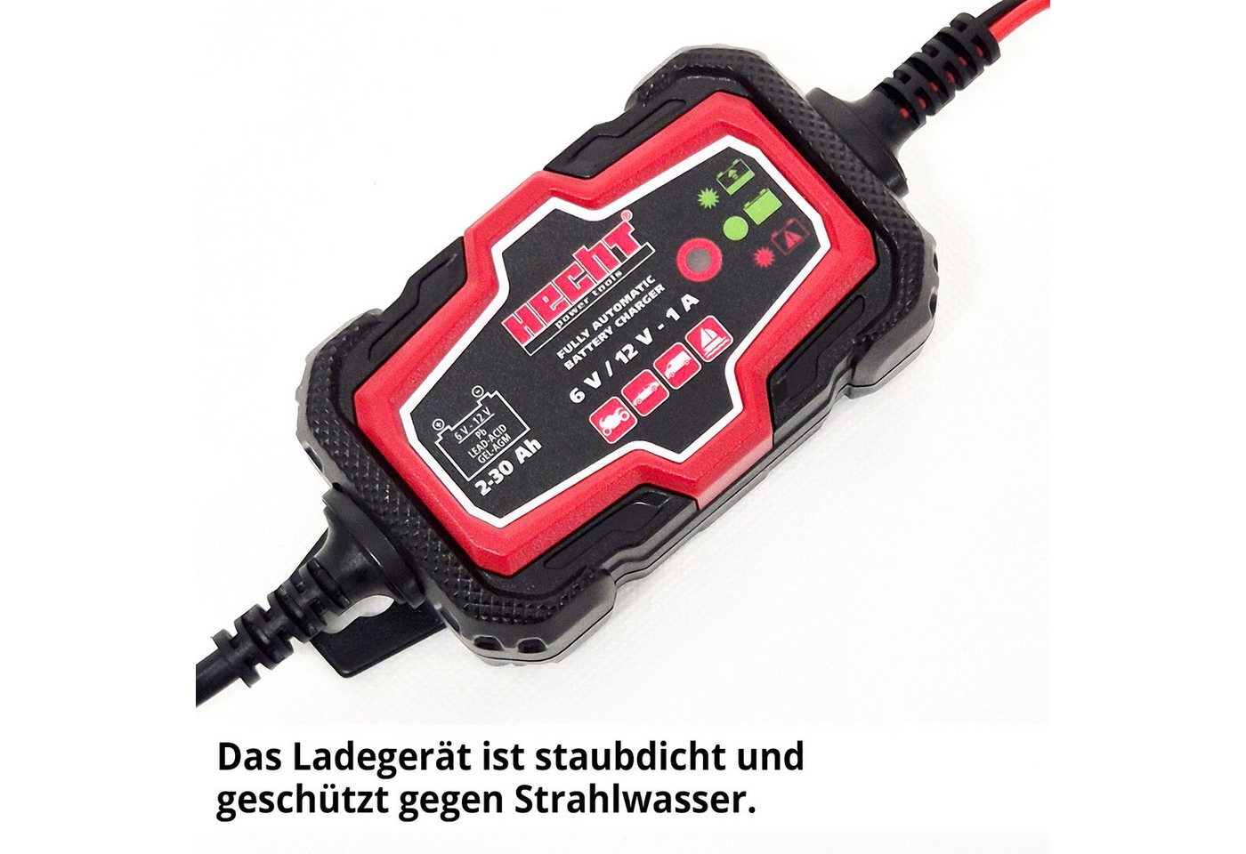 Hecht 2030 Erhaltungsladegerät 6V 12V 1A AGM GEL Blei IP65 2-30 Ah Batterie-Ladegerät (1000 mA, Vollautomatisch, Batteriepflege, Überwinterung, wetterfest) Bild 3