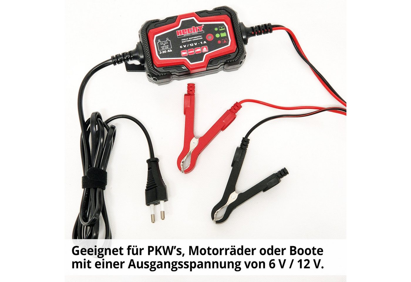 Hecht 2030 Erhaltungsladegerät 6V 12V 1A AGM GEL Blei IP65 2-30 Ah Batterie-Ladegerät (1000 mA, Vollautomatisch, Batteriepflege, Überwinterung, wetterfest) Bild 4