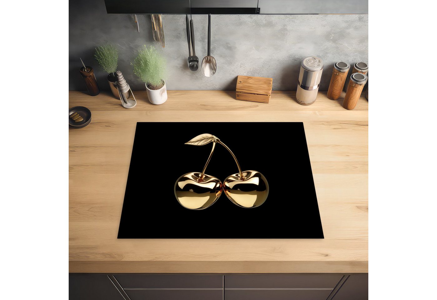 MuchoWow Herd-Abdeckplatte Kirsche - Schwarz - Gold - Chrom, Vinyl, (1 tlg), Abdeckung Induktionskochfeld Schutzmatte, Küche Deko, 65x52 cm