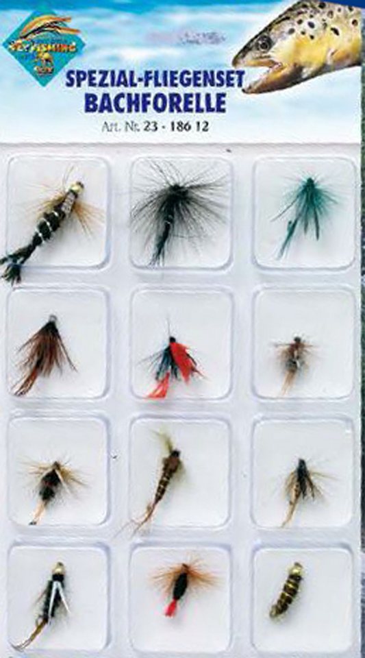 Behr Fliegenhaken Behr Fliegen Set Bachforelle 12 Stk Trocken Nass Nymphen, Spezialfliegen-Set Bachforelle 12 Stück.