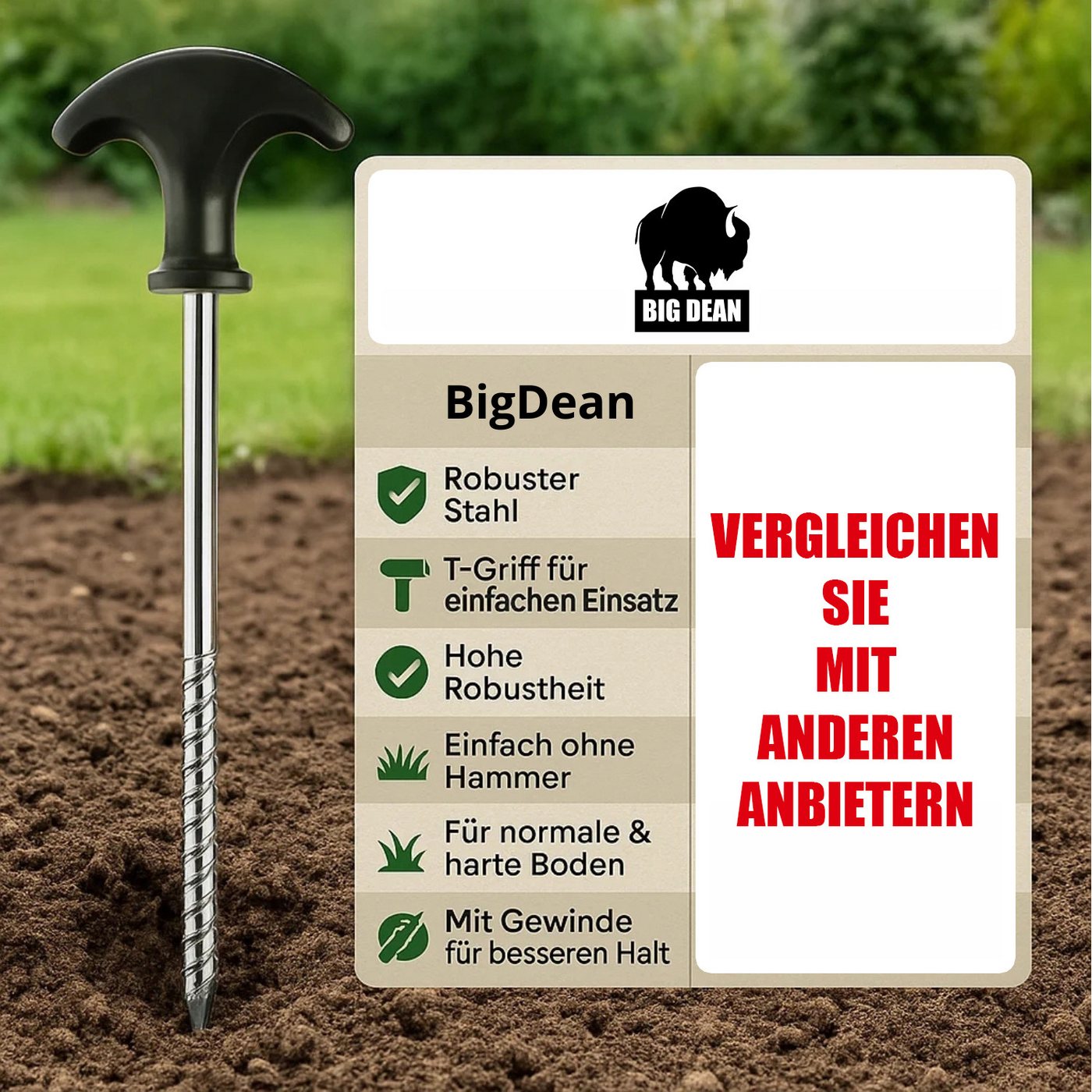 BigDean Zelthering 24 Stück Heringe Erdnägel stabil auch für Harte Böden Zeltheringe, (Packung, 24-St., Zeltheringe), Eindrehbar, Kein Hämmern, Schutzkappen Bild 3
