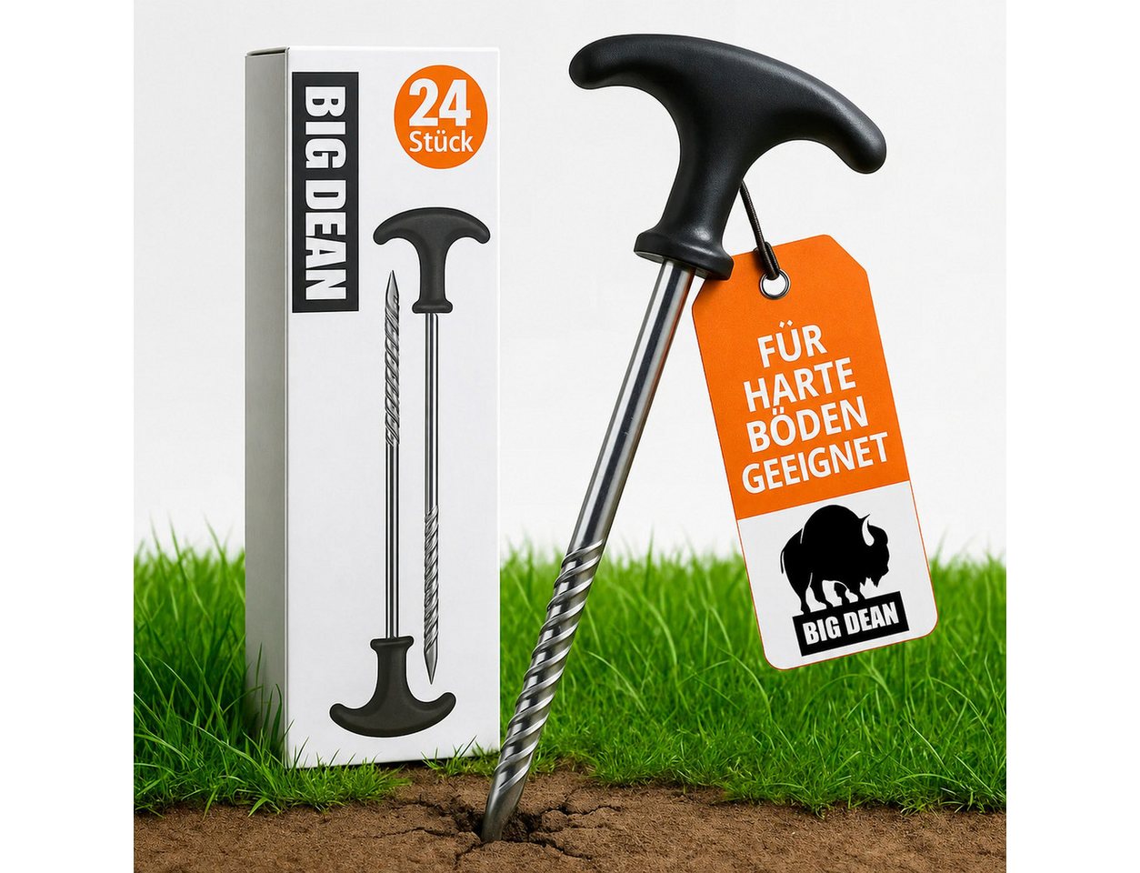 BigDean Zelthering 24 Stück Heringe Erdnägel stabil auch für Harte Böden Zeltheringe, (Packung, 24-St., Zeltheringe), Eindrehbar, Kein Hämmern, Schutzkappen Bild 4