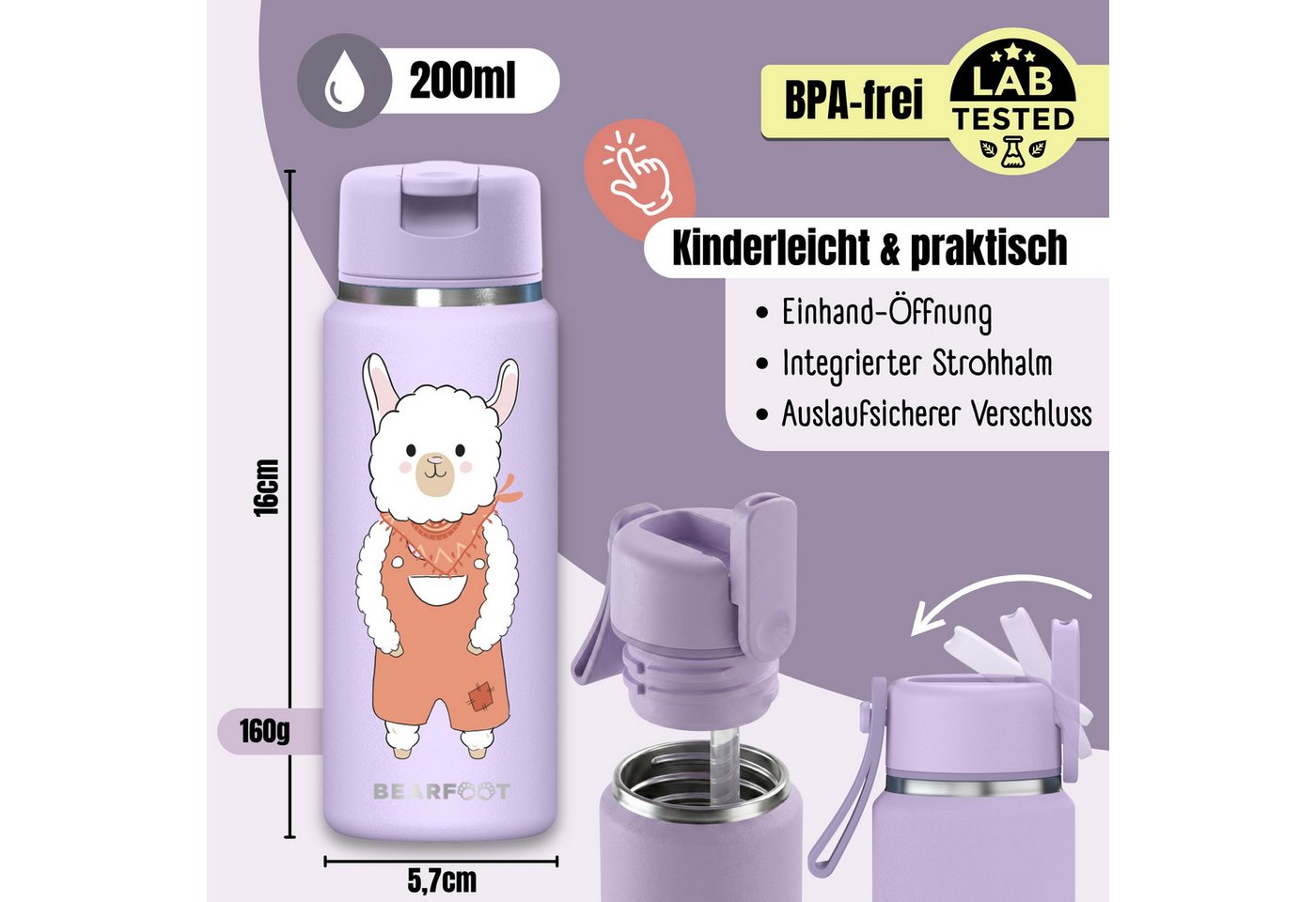 BEARFOOT Trinkflasche TINY Thermo Kinder Trinkflasche Edelstahl - Lama, Thermosflasche, auslaufsicher, Edelstahl, Kinderflasche, BPA-frei Bild 2