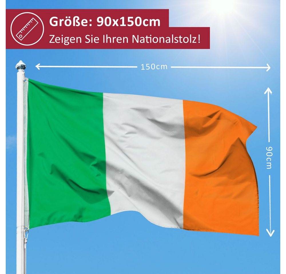 PHENO FLAGS Flagge Irland Flagge - Irlandfahne 90 x 150 cm, Strapazierfähige Fahne für Fahnenmast, mit 2 Ösen Bild 2