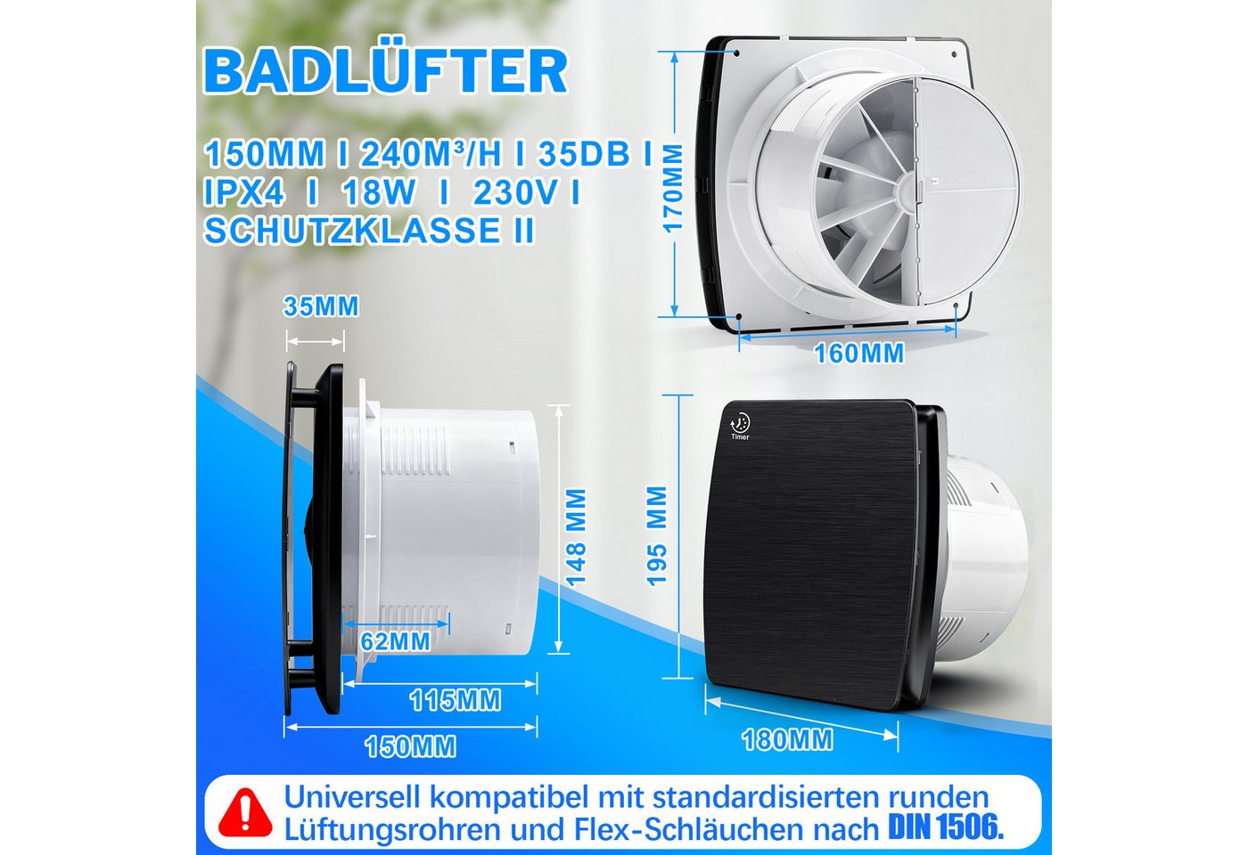 XERSEK Badlüfter 6" Wandventilator Leiser Abluftventilator mit Feuchtesensor Nachlauf, 18W 240m³/h Lüfter, Rückstauklappe, 30s-30min Verzögerung einstellbar Bild 2