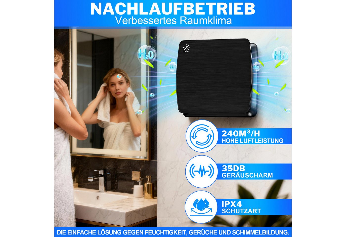XERSEK Badlüfter 6" Wandventilator Leiser Abluftventilator mit Feuchtesensor Nachlauf, 18W 240m³/h Lüfter, Rückstauklappe, 30s-30min Verzögerung einstellbar Bild 5