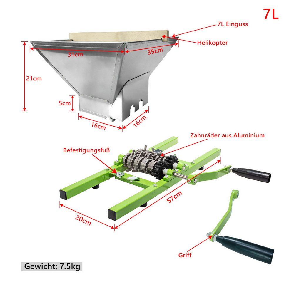 FIVMEN Entsafter 7L Obstmühle Obstmuser Obsthäcksler Beerenmühle Traubenmühle, Maischemühle Mühle Muser manuell Obstpresse mit Handkurbel Bild 3