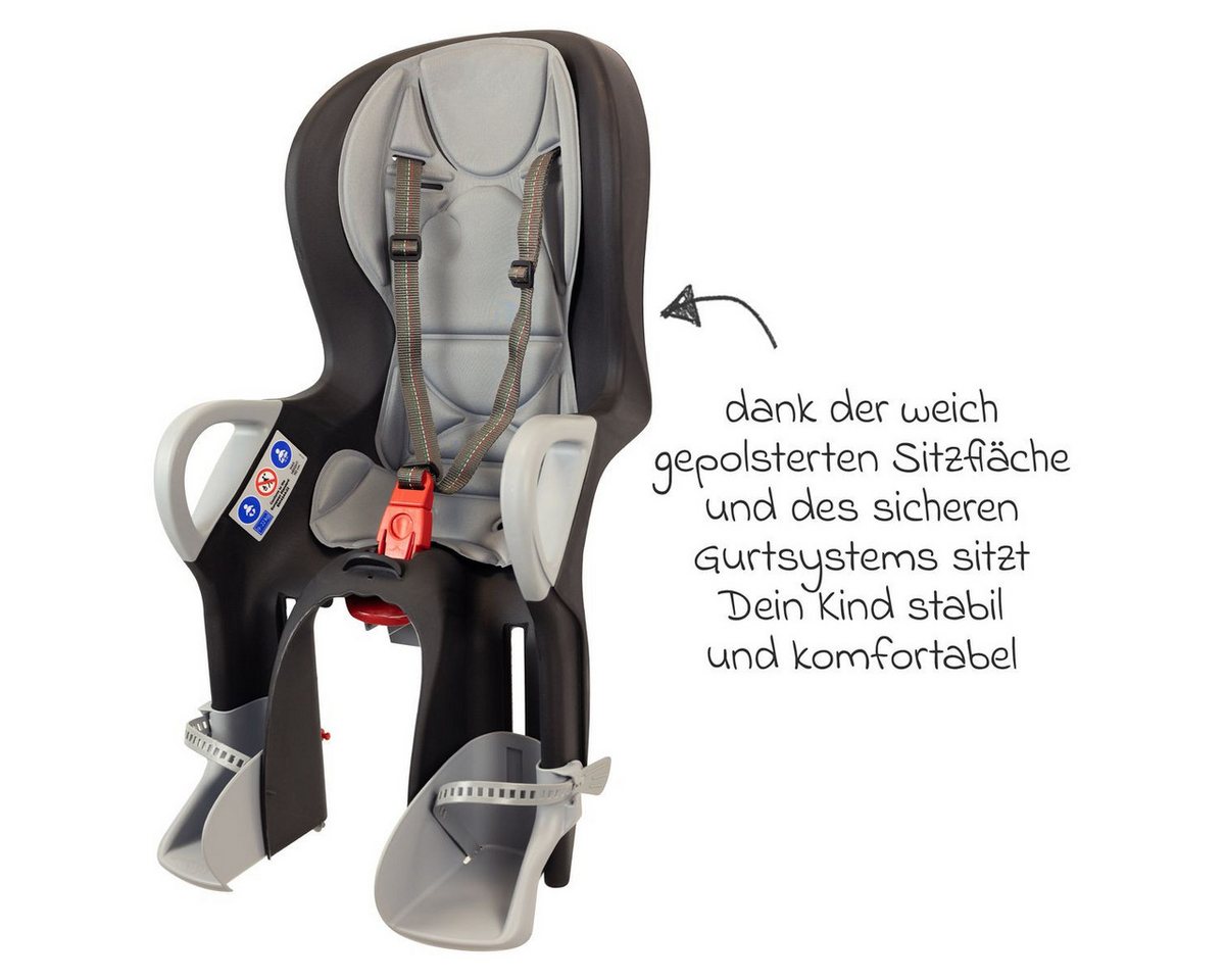 OK Baby Fahrradkindersitz Schwarz Grau, ab: ab 9 Monaten, bis: 2 Jahre, Kinder Fahrradsitz von 9 Monate bis 22 kg mit Polsterung & Regenschutz
