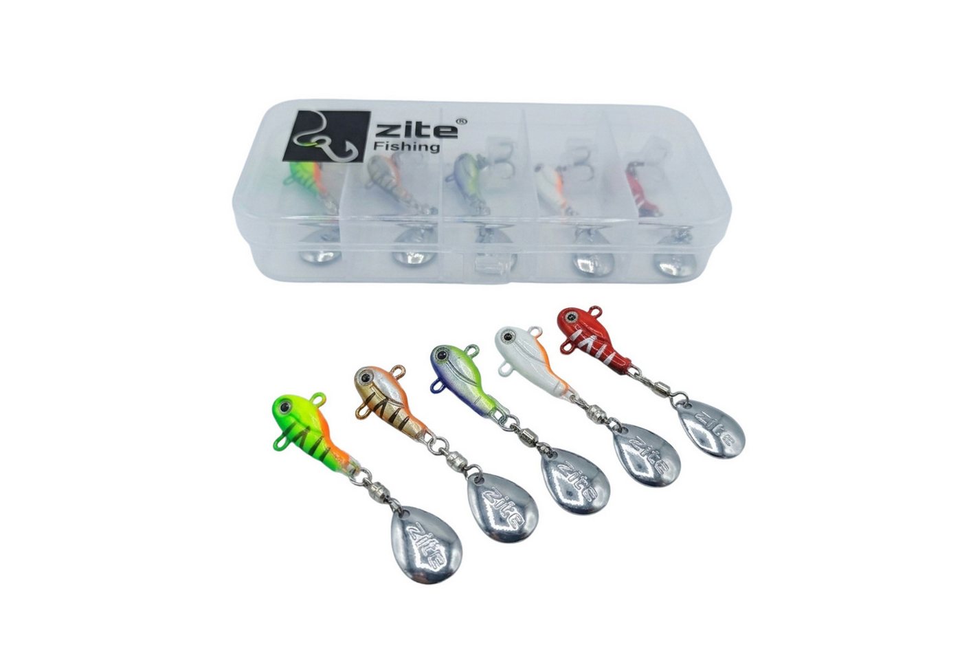 Zite Kunstköder Jigspinner Set Neon S-L 5-20g 5 Farben Box Barsch Forelle Hecht Zander
