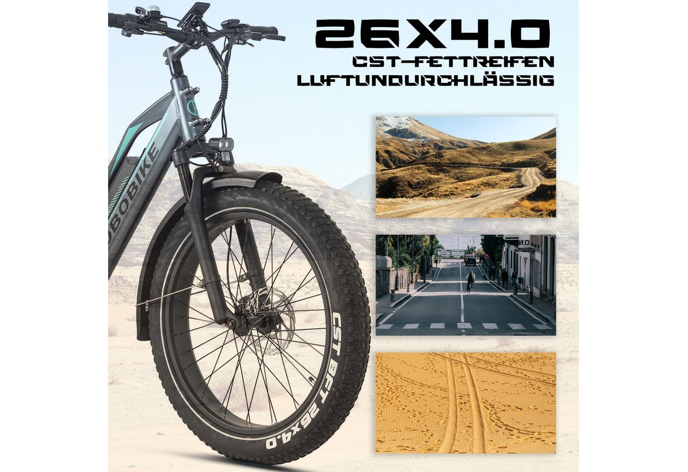JOBOBIKE E-Bike Mountainbike 26x4 Zoll, 180km, 80Nm, Gefederte Sattelstütze & Bremslicht & Blinker, 7 Gang Shimano, Kettenschaltung, Heckmotor, 840 Wh, (LCD-Farbdisplay, für Asphalt, Schotter und Gelände, Aluminiumrahmen), 5 Stufen, Fatbike, MTB, Elektrofahrrad für Damen und Herren Bild 2