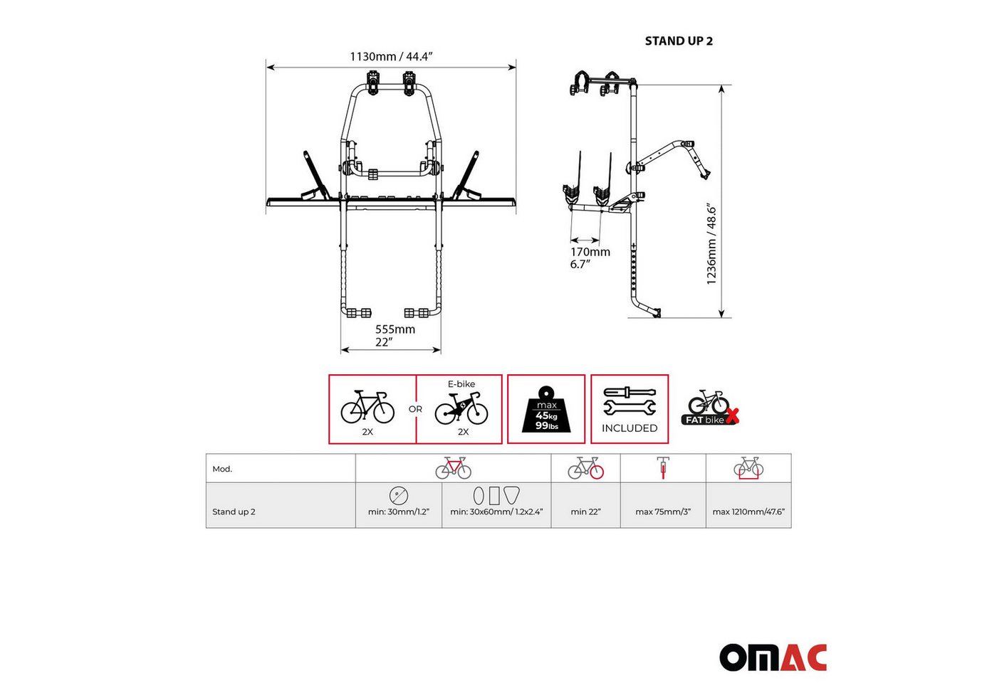 OMAC Heckfahrradträger Fahrradträger für Heckklappe E Bike Seat Ibiza 2 Fahrräder, Faltbar, Abnehmbar, Leichtgewichtig Bild 3