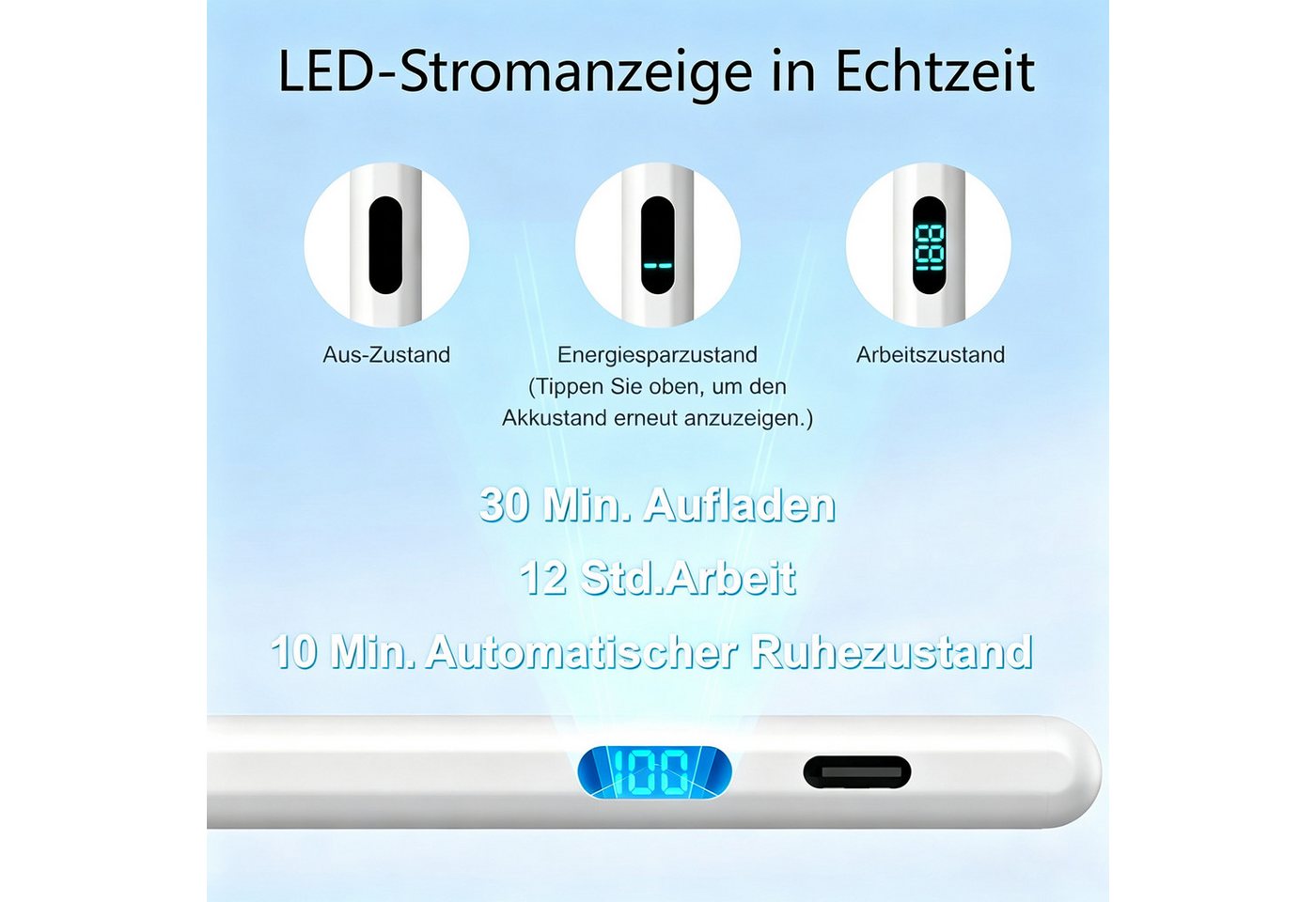 ibettertec Eingabestift Eingabestift Stift für iPad 2018-2026 mit USB-C Schnellladeleistung (Packung, für iPad Pro13"/12,9"/11"/iPad6-11.Gen/mini5-7/Air3-5,M2-M4) Handflächenerkennung, Neigungserkennung, LED-Ladestandsanzeige Bild 2