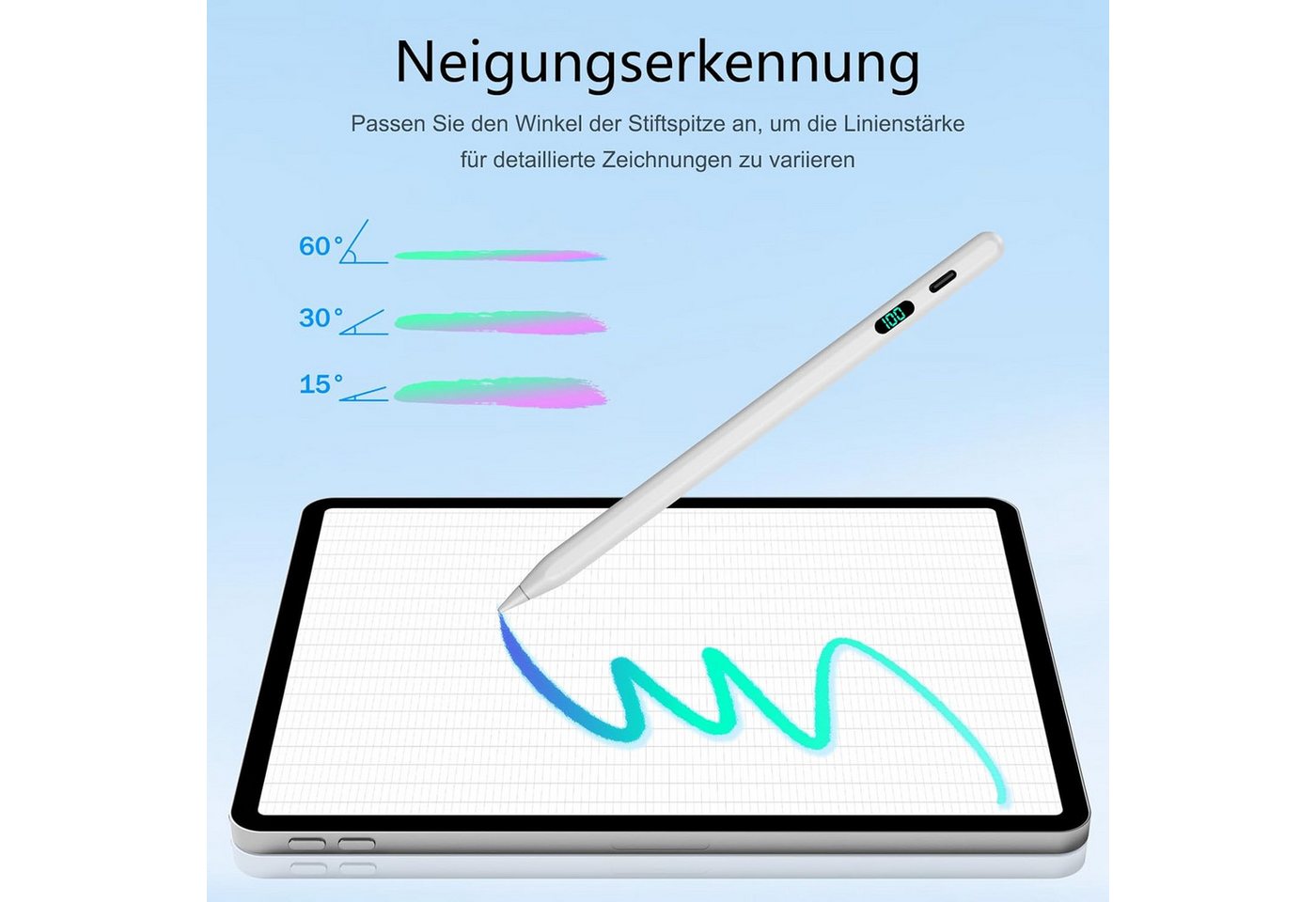 ibettertec Eingabestift Eingabestift Stift für iPad 2018-2026 mit USB-C Schnellladeleistung (Packung, für iPad Pro13"/12,9"/11"/iPad6-11.Gen/mini5-7/Air3-5,M2-M4) Handflächenerkennung, Neigungserkennung, LED-Ladestandsanzeige Bild 4