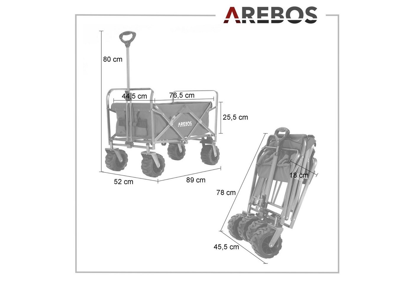 Arebos Bollerwagen faltbar mit 100 kg Tragkraft – Transportkarre für Garten & Freizeit (Teleskopstange), bis zu 100 Kg Bild 2