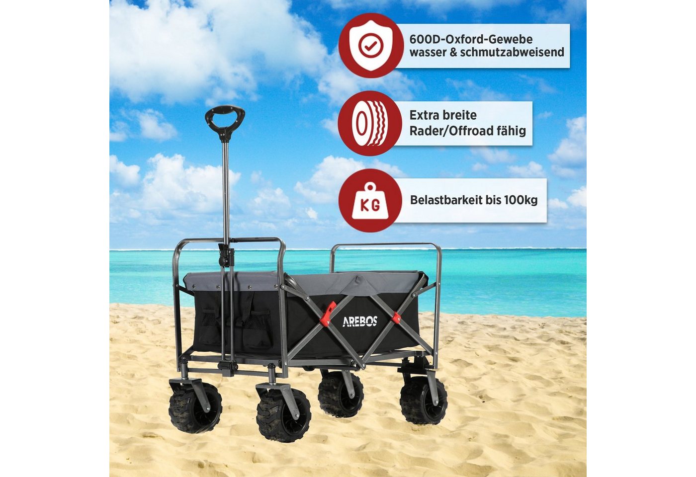 Arebos Bollerwagen faltbar mit 100 kg Tragkraft – Transportkarre für Garten & Freizeit (Teleskopstange), bis zu 100 Kg Bild 3