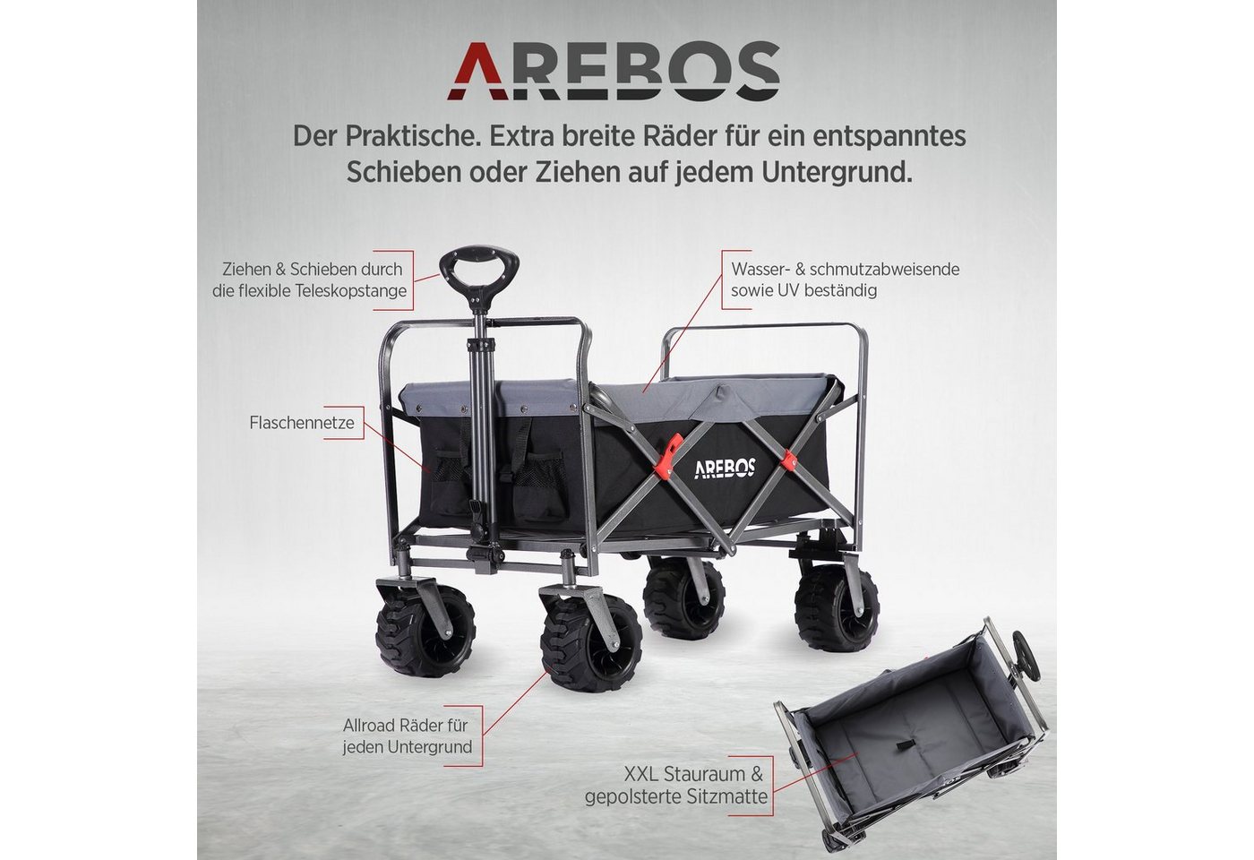 Arebos Bollerwagen faltbar mit 100 kg Tragkraft – Transportkarre für Garten & Freizeit (Teleskopstange), bis zu 100 Kg Bild 5