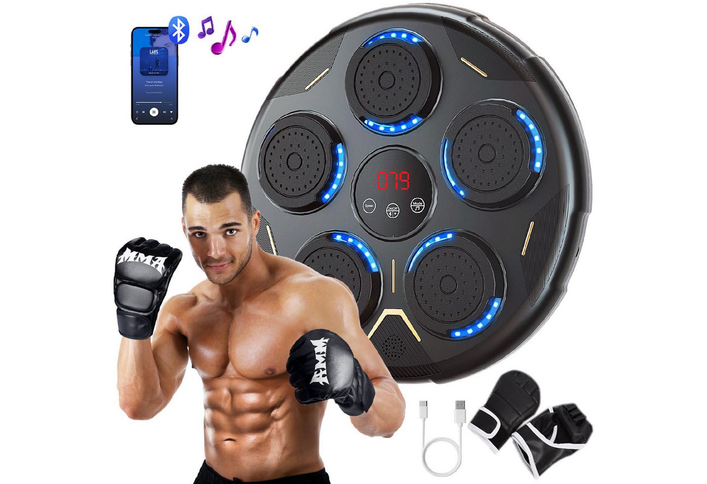 MOPUEA Boxstation Wandmontierte LED Boxmaschine Wand Boxtrainingsgerät Musik-Boxmaschine (mit Bluetooth, Musik & Licht, 1-tlg), Intelligentes Box-Trainingsgerät für die Familie, inkl. Handschuhe