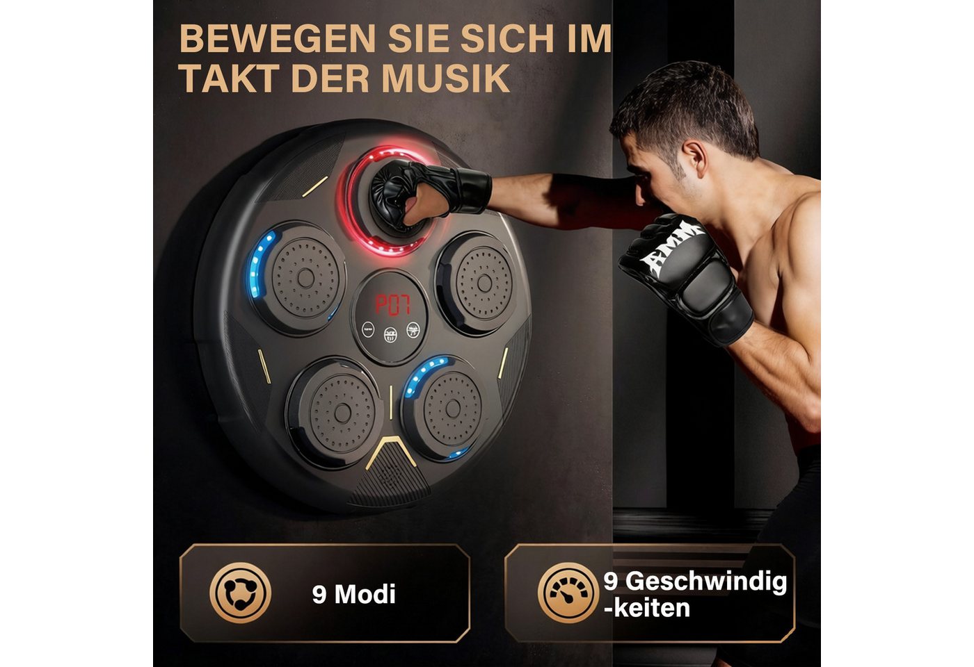 MOPUEA Boxstation Wandmontierte LED Boxmaschine Wand Boxtrainingsgerät Musik-Boxmaschine (mit Bluetooth, Musik & Licht, 1-tlg), Intelligentes Box-Trainingsgerät für die Familie, inkl. Handschuhe Bild 3