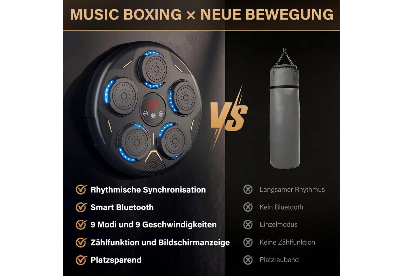 MOPUEA Boxstation Wandmontierte LED Boxmaschine Wand Boxtrainingsgerät Musik-Boxmaschine (mit Bluetooth, Musik & Licht, 1-tlg), Intelligentes Box-Trainingsgerät für die Familie, inkl. Handschuhe Bild 4