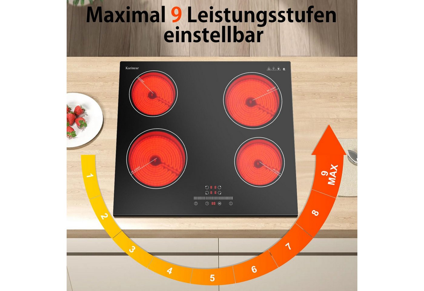 Karinear Induktions-Kochfeld Glaskeramikkochfeld 4 Platten Einbau, 6000W, 220V-240V, Kein Stecker Bild 3