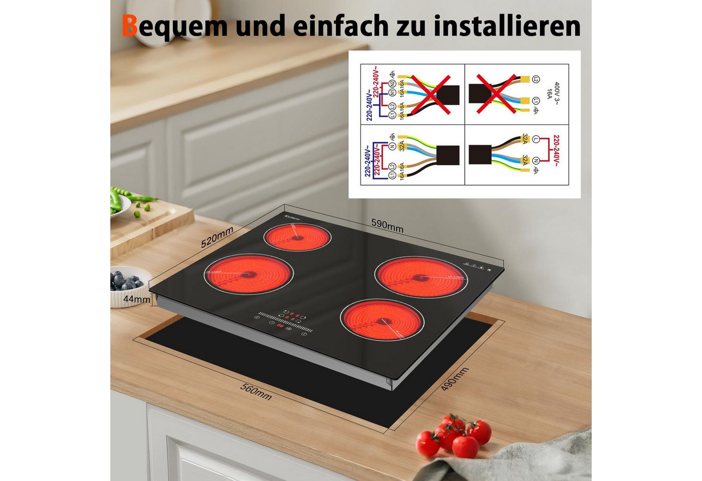 Karinear Induktions-Kochfeld Glaskeramikkochfeld 4 Platten Einbau, 6000W, 220V-240V, Kein Stecker Bild 5