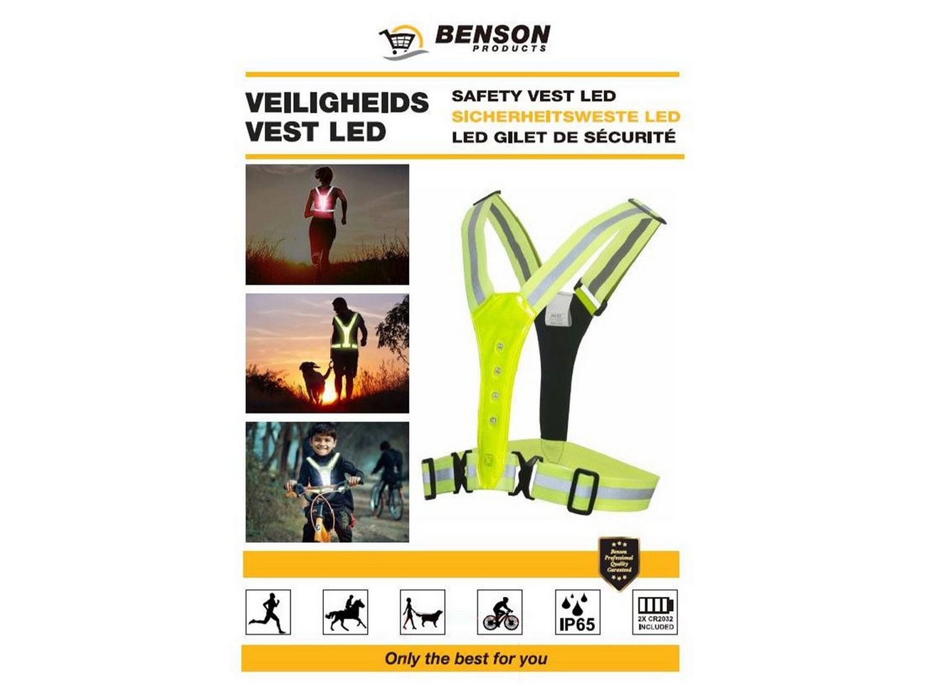 BENSON PRODUCTS Warnweste LED-Sicherheitsweste Neongelb, 3 Leuchtmodi Reflektor-Gürtelweste (2-tlg., 1er-Set & 2er-Set) Verstellbare LED-Sicherheitsweste 130g 3 Leuchtmodi für Outdoor-Sport