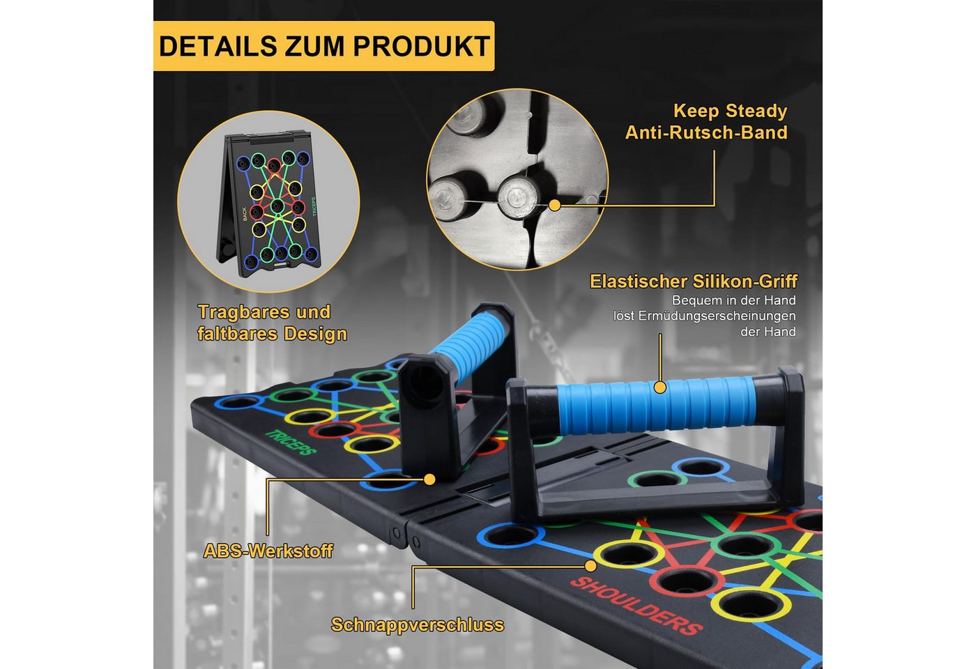 Kityhome Liegestützgriffe Klappbares Push Up Board, 17 Positionen, 300 kg, rutschfest, 17 Griffpositionen,Trainiert Brust, Schultern, Rücken & Trizeps Bild 4