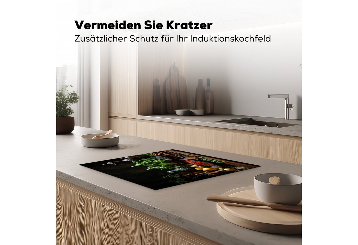 MuchoWow Herd-Abdeckplatte Stilleben - Kräuter - Schwarz, Vinyl, (1 tlg), Abdeckplatte für Ceranfeld, Herd Inductionsmatte, 57.6x51.6 cm Bild 3
