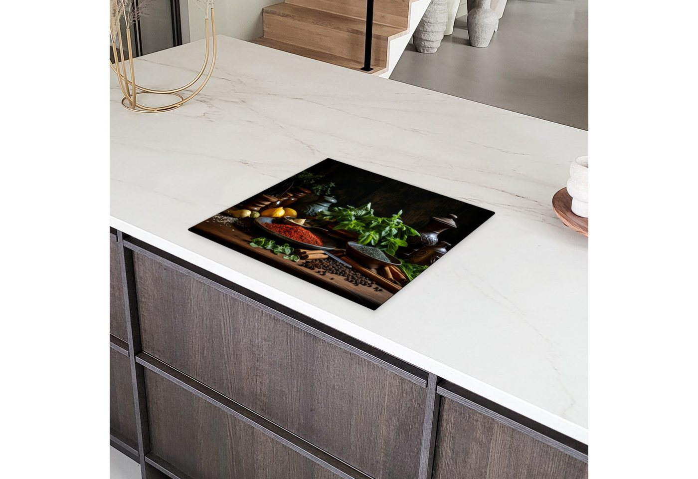 MuchoWow Herd-Abdeckplatte Stilleben - Kräuter - Schwarz, Vinyl, (1 tlg), Abdeckplatte für Ceranfeld, Herd Inductionsmatte, 57.6x51.6 cm Bild 4