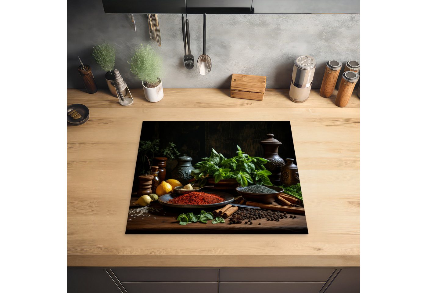 MuchoWow Herd-Abdeckplatte Stilleben - Kräuter - Schwarz, Vinyl, (1 tlg), Abdeckplatte für Ceranfeld, Herd Inductionsmatte, 57.6x51.6 cm Bild 5