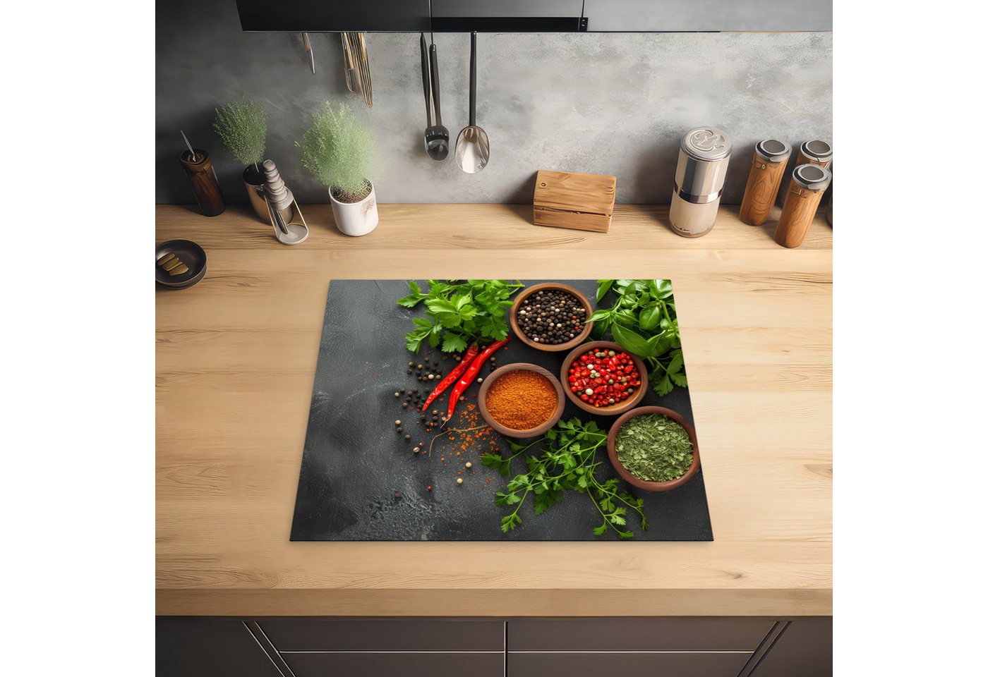 MuchoWow Herd-Abdeckplatte Kräuter - Paprika - Betonoptik/print, Vinyl, (1 tlg), Ceranfeldabdeckung Küche, Herdabdeckplatte Einteilig, 60x52 cm Bild 2