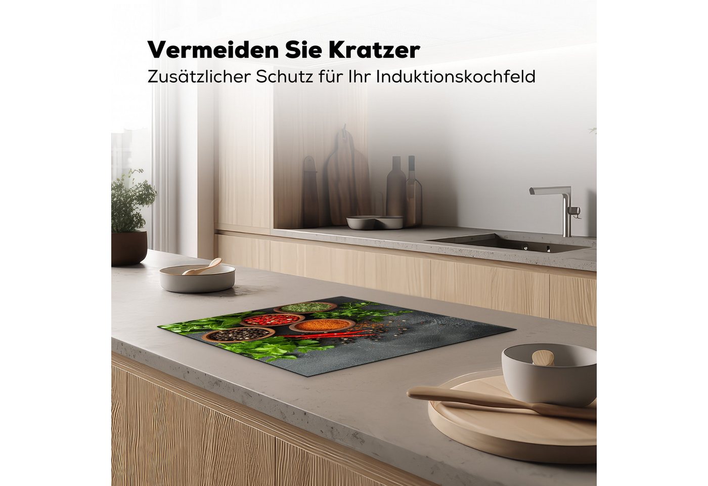 MuchoWow Herd-Abdeckplatte Kräuter - Paprika - Betonoptik/print, Vinyl, (1 tlg), Ceranfeldabdeckung Küche, Herdabdeckplatte Einteilig, 60x52 cm Bild 3