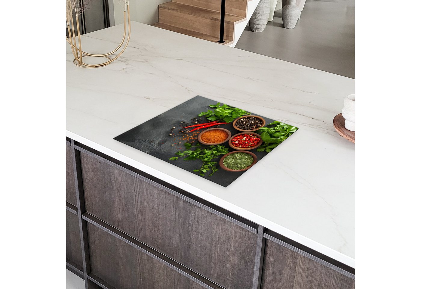 MuchoWow Herd-Abdeckplatte Kräuter - Paprika - Betonoptik/print, Vinyl, (1 tlg), Ceranfeldabdeckung Küche, Herdabdeckplatte Einteilig, 60x52 cm Bild 5