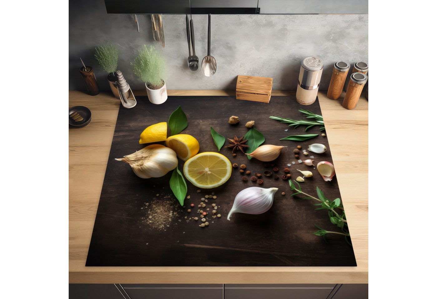 MuchoWow Herd-Abdeckplatte Kräuter - Zitrone - Früchte - Holzdruck, Vinyl, (1 tlg), Cerankochfeld Abdeckung, Herd Abdeckplatten Vinyl, 58x59 cm