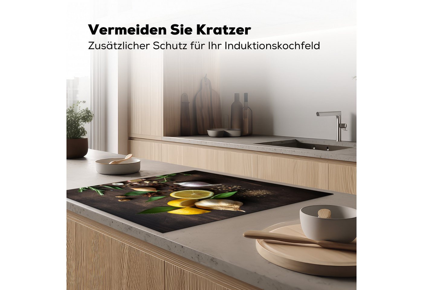 MuchoWow Herd-Abdeckplatte Kräuter - Zitrone - Früchte - Holzdruck, Vinyl, (1 tlg), Cerankochfeld Abdeckung, Herd Abdeckplatten Vinyl, 58x59 cm Bild 3