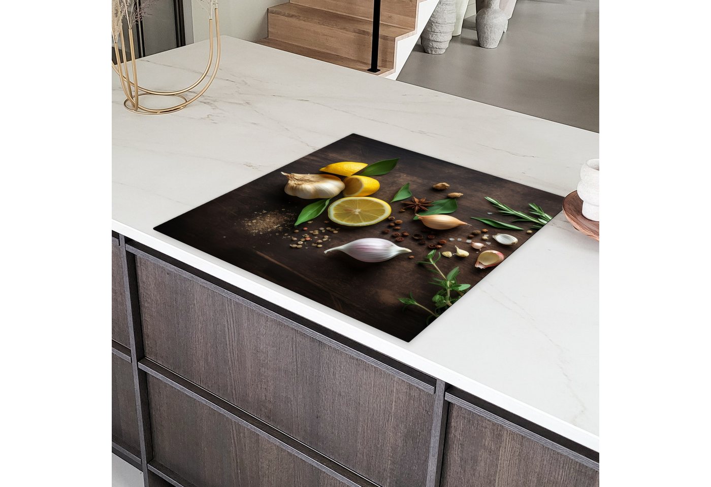 MuchoWow Herd-Abdeckplatte Kräuter - Zitrone - Früchte - Holzdruck, Vinyl, (1 tlg), Cerankochfeld Abdeckung, Herd Abdeckplatten Vinyl, 58x59 cm Bild 5