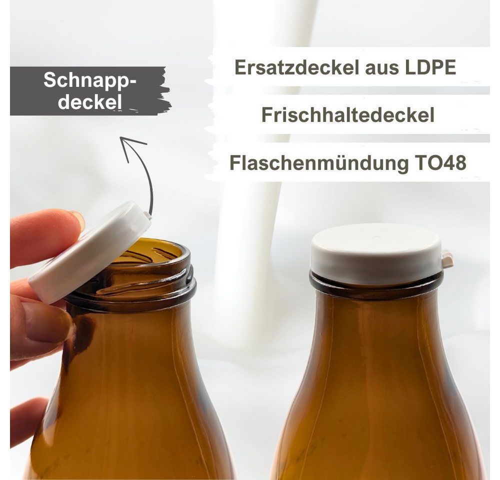 mikken Trinkflasche 6x Milchflasche 1,0 L Braunglas mit Ersatzdeckel, 1 L, inkl. Beschriftungsetiketten