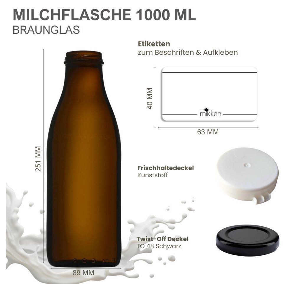 mikken Trinkflasche 6x Milchflasche 1,0 L Braunglas mit Ersatzdeckel, 1 L, inkl. Beschriftungsetiketten Bild 2