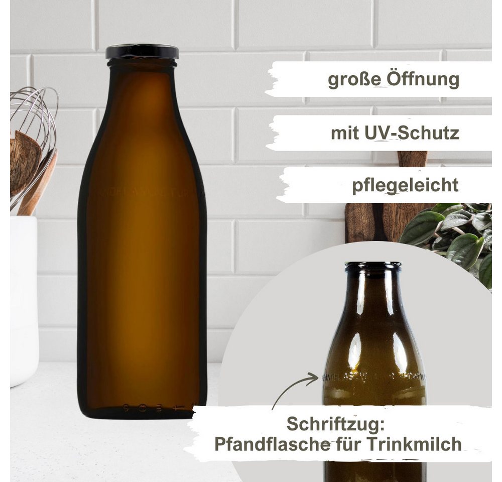 mikken Trinkflasche 6x Milchflasche 1,0 L Braunglas mit Ersatzdeckel, 1 L, inkl. Beschriftungsetiketten Bild 4