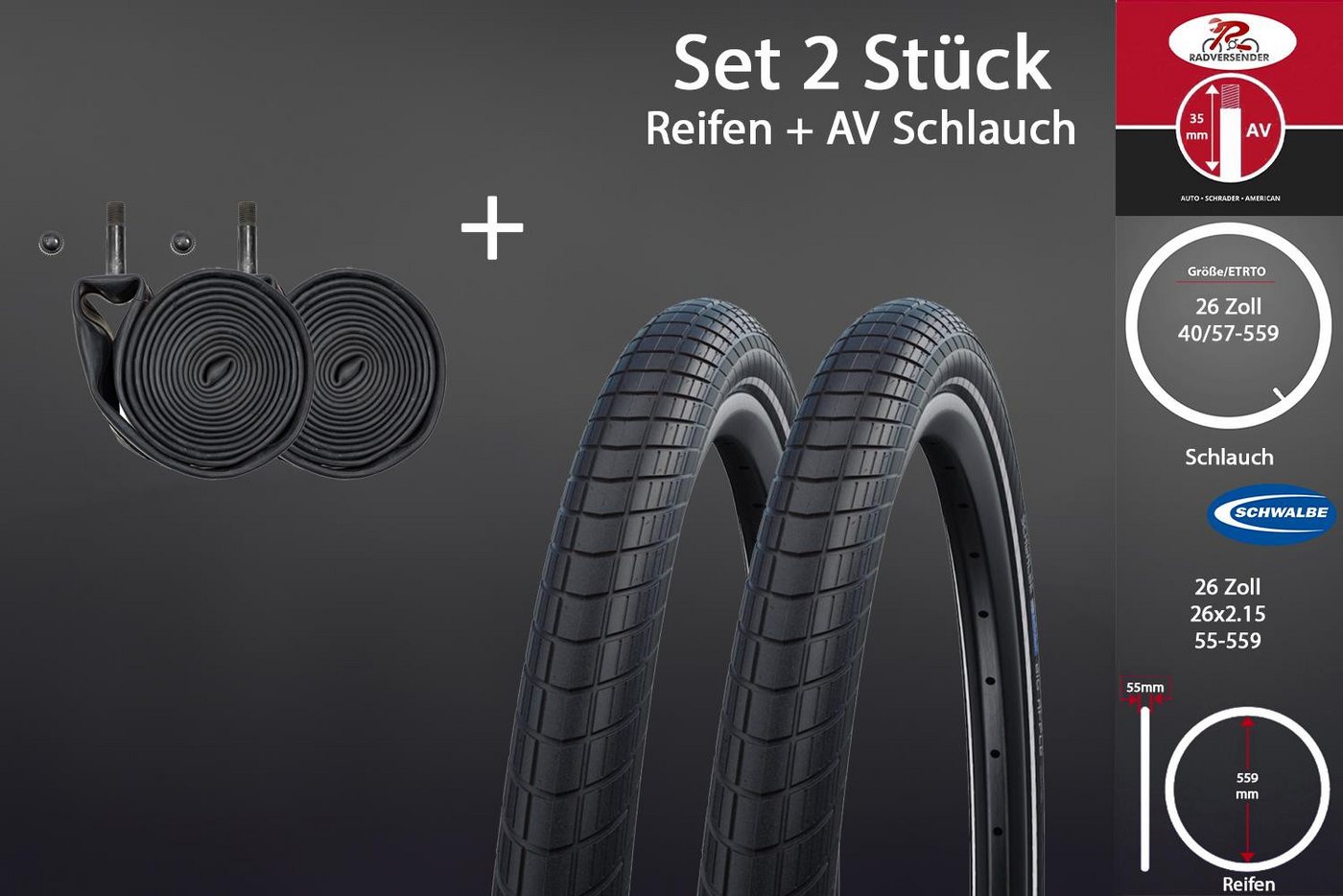 Schwalbe Fahrradreifen 2 Stück 26 Zoll Schwalbe Reifen Set 26x2.15 City 55-559 AV Schlauch, (4-tlg), Reflexstreifen,Pannenschutz Bild 3