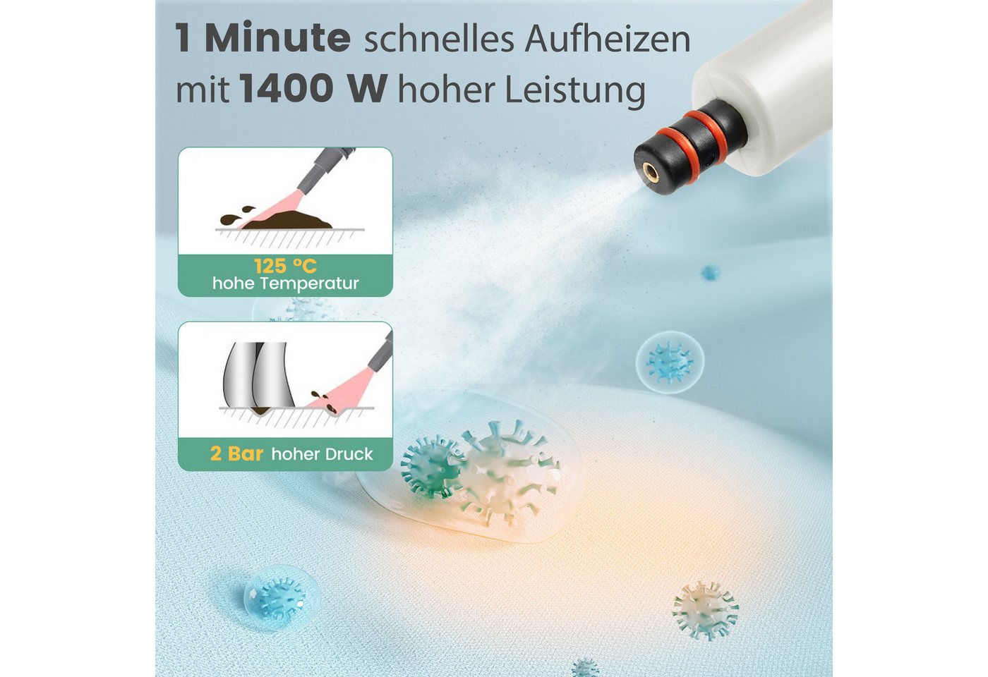 COSTWAY Dampfreiniger, 1400 W, 2 Bar, 125℃, Handgerät mit 14 Zubehörteilen