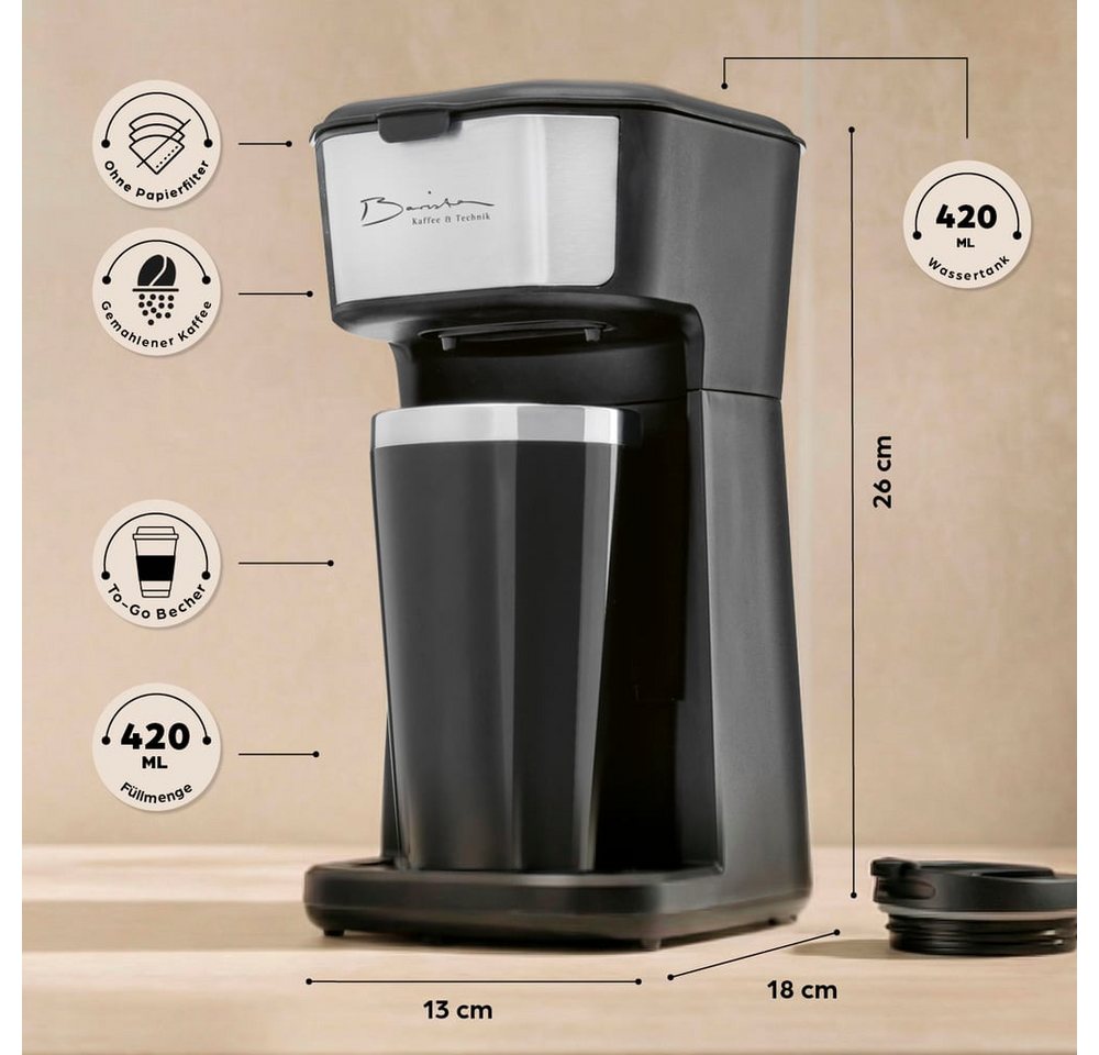 Barista Filterkaffeemaschine Barista Single-Kaffeemaschine 450W schwarz mit To-Go Becher, 0.4l Kaffeekanne, Coffee to go Maschine - tragbare Kaffeemaschine, Reise-Kaffeemaschine Bild 2