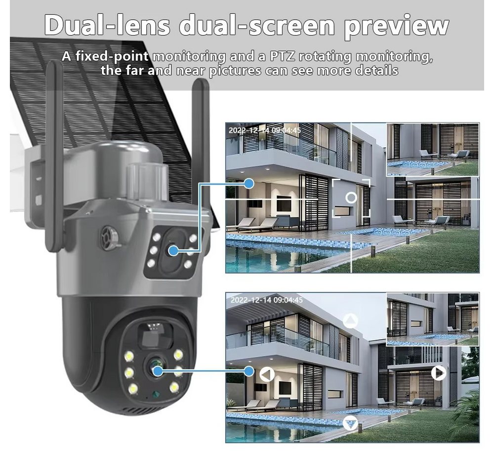 Athlix Überwachungskamera Kabellose Outdoor PTZ-Solarkamera 4K Dual-Lens (Outdoor, Indoor, 360°-Rundumsicht & Automatische Verfolgung, Zwei-Wege-Audio)