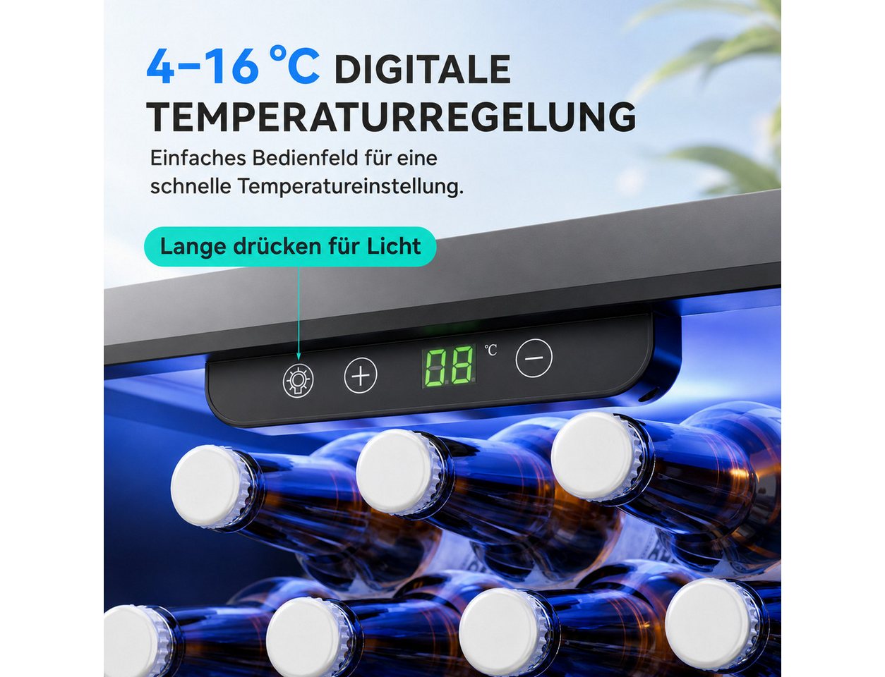 Furnicopia Getränkekühlschrank leise, 24 Dosen/6 Flaschen, verstellbares Regal, Digital-Display, Energieklasse E JC-36UEL-F, Kompressor, Doppelglas, LED, wenig Reif