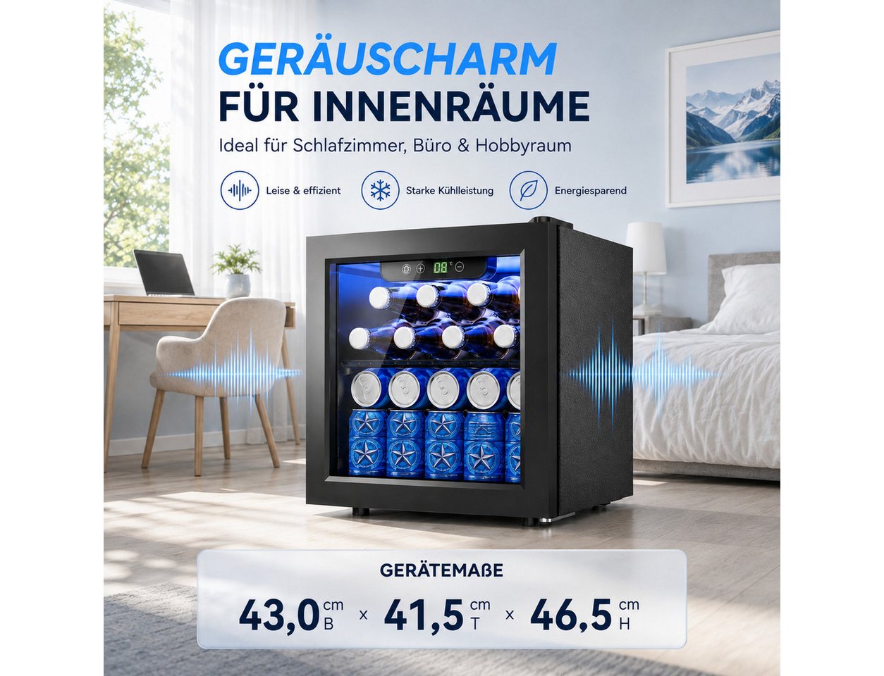 Furnicopia Getränkekühlschrank leise, 24 Dosen/6 Flaschen, verstellbares Regal, Digital-Display, Energieklasse E JC-36UEL-F, Kompressor, Doppelglas, LED, wenig Reif Bild 2