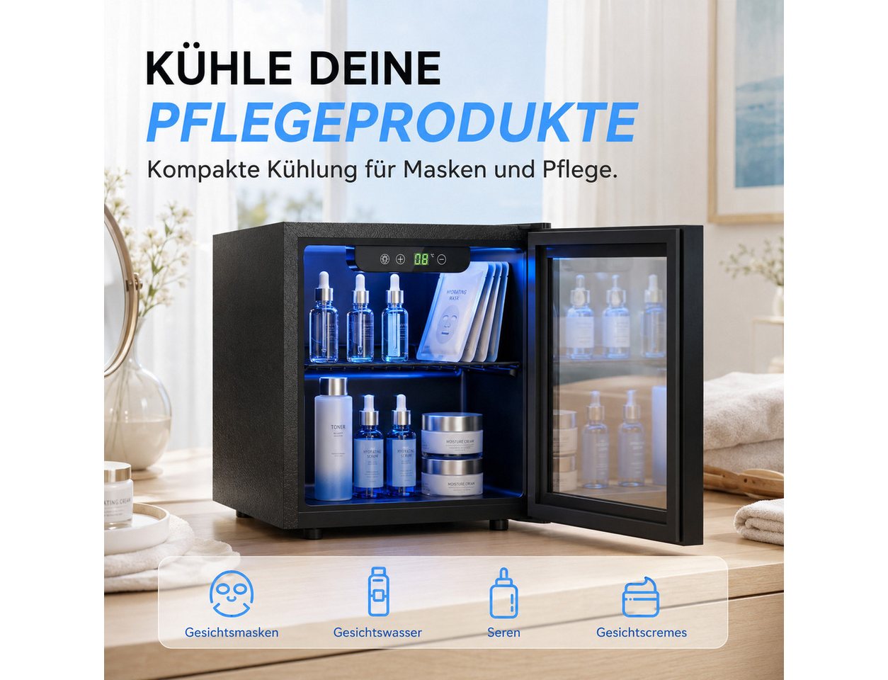 Furnicopia Getränkekühlschrank leise, 24 Dosen/6 Flaschen, verstellbares Regal, Digital-Display, Energieklasse E JC-36UEL-F, Kompressor, Doppelglas, LED, wenig Reif Bild 3